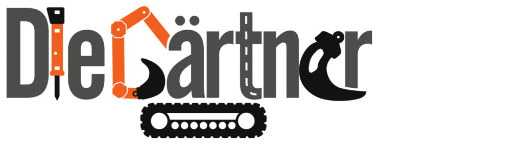 Logo für Die Gärtner, bei dem Teile von Baumaschinen verwendet werden, um einige Buchstaben zu bilden: ein Baggerarm für i, eine Schaufel für n und ein Raupenrad für ä. Weiße und orange Farben mit grauen und schwarzen Akzenten. Die Gärtner im Allgäu