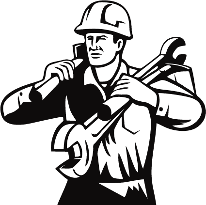 Schwarz-Weiß-Abbildung eines Bauarbeiters, der einen Schutzhelm trägt und zwei große Schraubenschlüssel über den Schultern hat. Die Gärtner im Allgäu