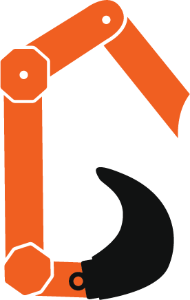 Stilisierte Illustration eines orangefarbenen Roboterarms mit drei Segmenten, die in einem schwarzen klauenförmigen Greifer enden, vor einem hellen Hintergrund. Die Gärtner im Allgäu