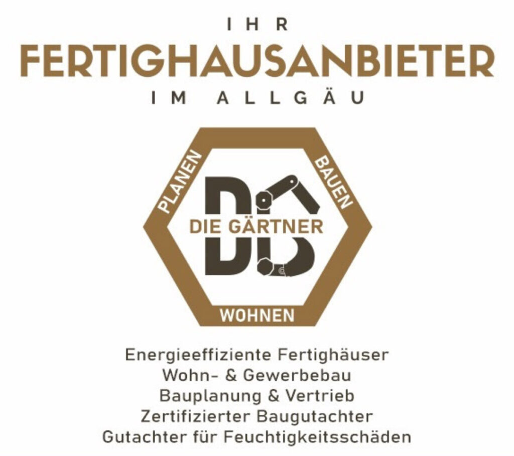 Logo für "Die Gärtner", einen Fertighausanbieter im Allgäu. Ein Sechseck mit Haus- und Handsymbolen spiegelt ihr Ethos wider: Planen, Bauen, Wohnen. Darunter befinden sich Dienstleistungen wie energieeffiziente Häuser und zertifizierte Inspektionen. Die Gärtner im Allgäu
